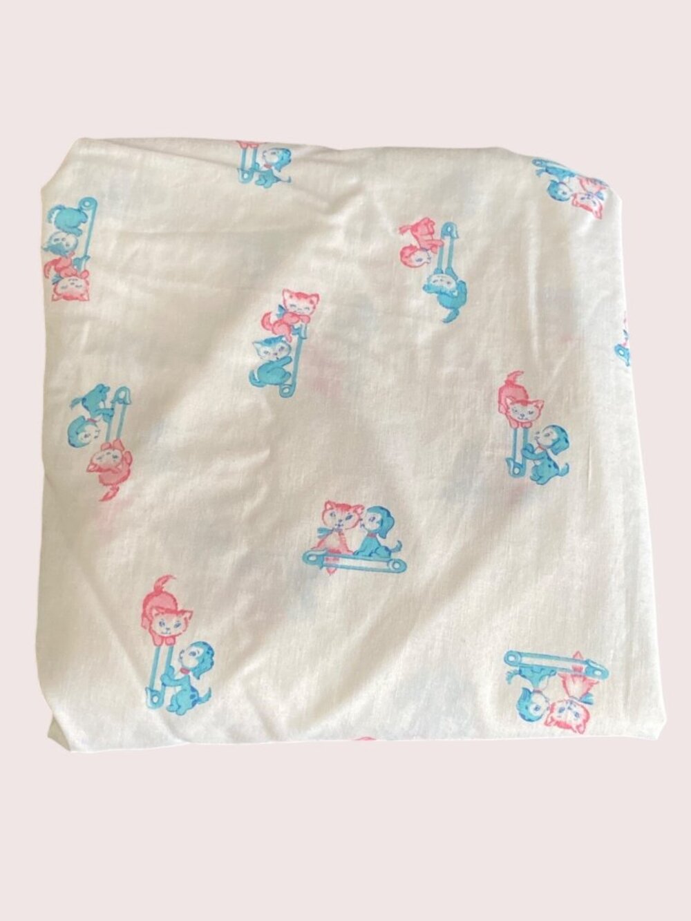 VTG Crib Sheet Fitted Cat Dog Safety Pin White Blue Pink No Tag Stain